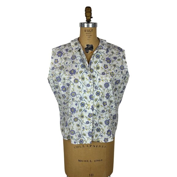 Vintage 50s Sleeveless Blouse Womens 1X Blue Floral Button Down Top Volup - Picture 1 of 9